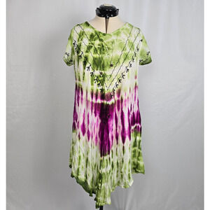 Exist Beach Tie Dye Cover Up Dress Women's OS Olive Plum Embellishments NWT